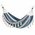 Hamaca de algodón 200 x 100 cm azul y blanco con flecos para jardín