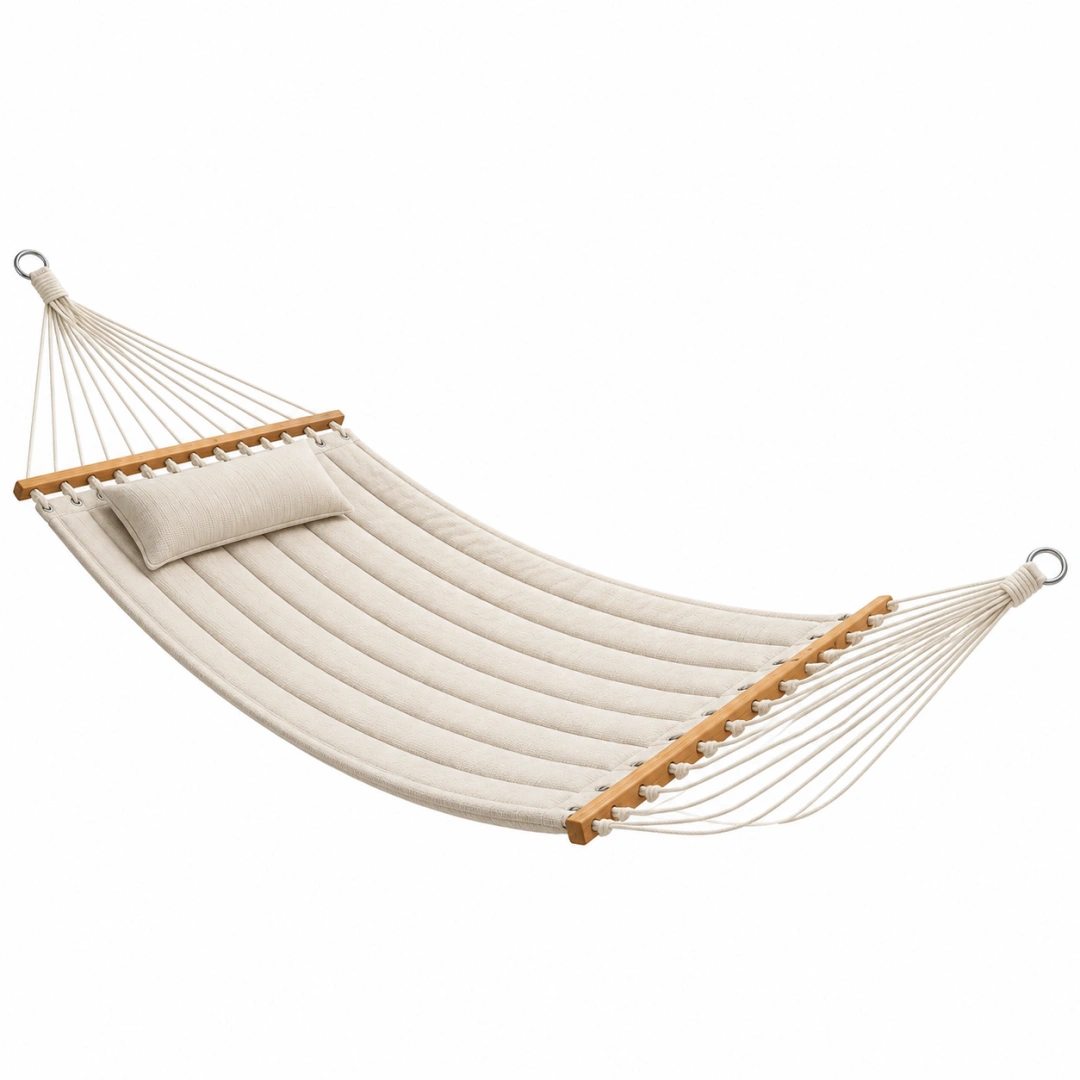 Hamaca 200 x 100 cm beige de tejido con barras de madera para descanso