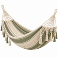 Hamaca 200 x 100 cm de algodón verde y beige con flecos estilo bohemio
