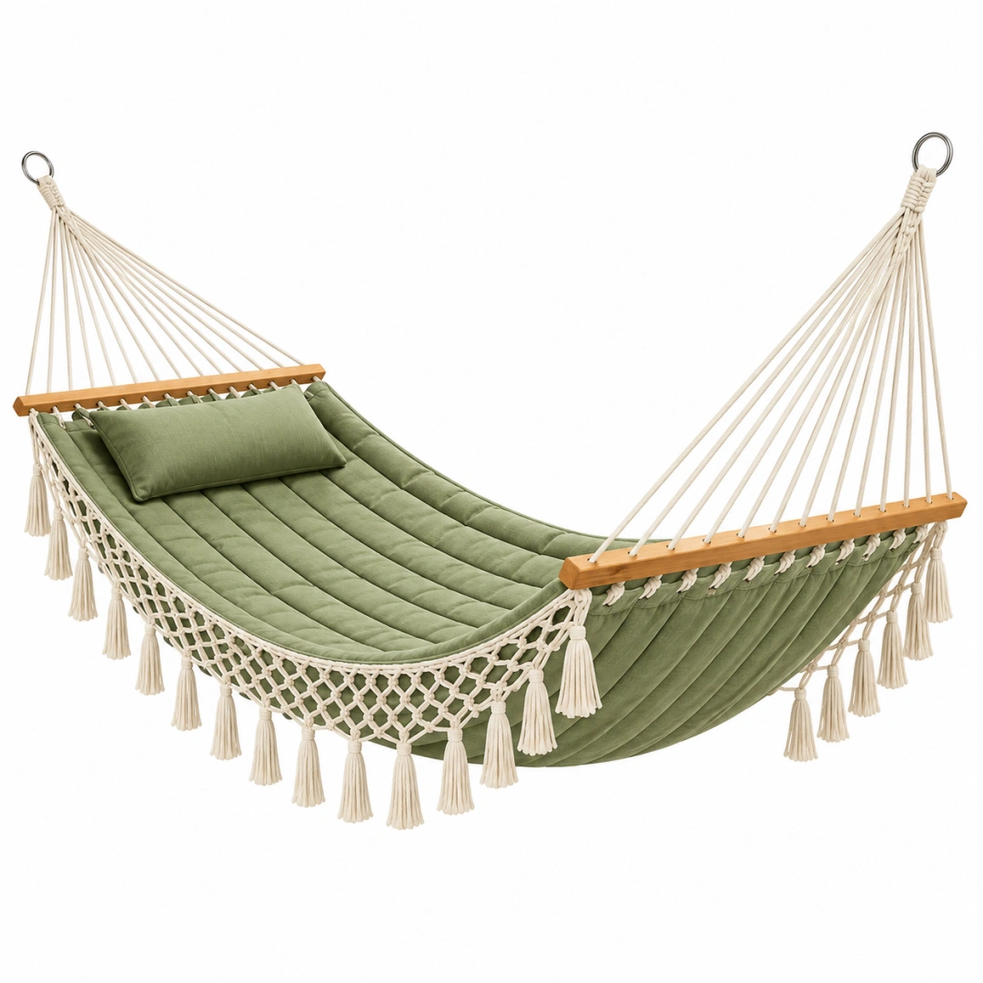 Hamaca colgante 200 x 100 cm de algodón verde con barras de madera estilo bohemio