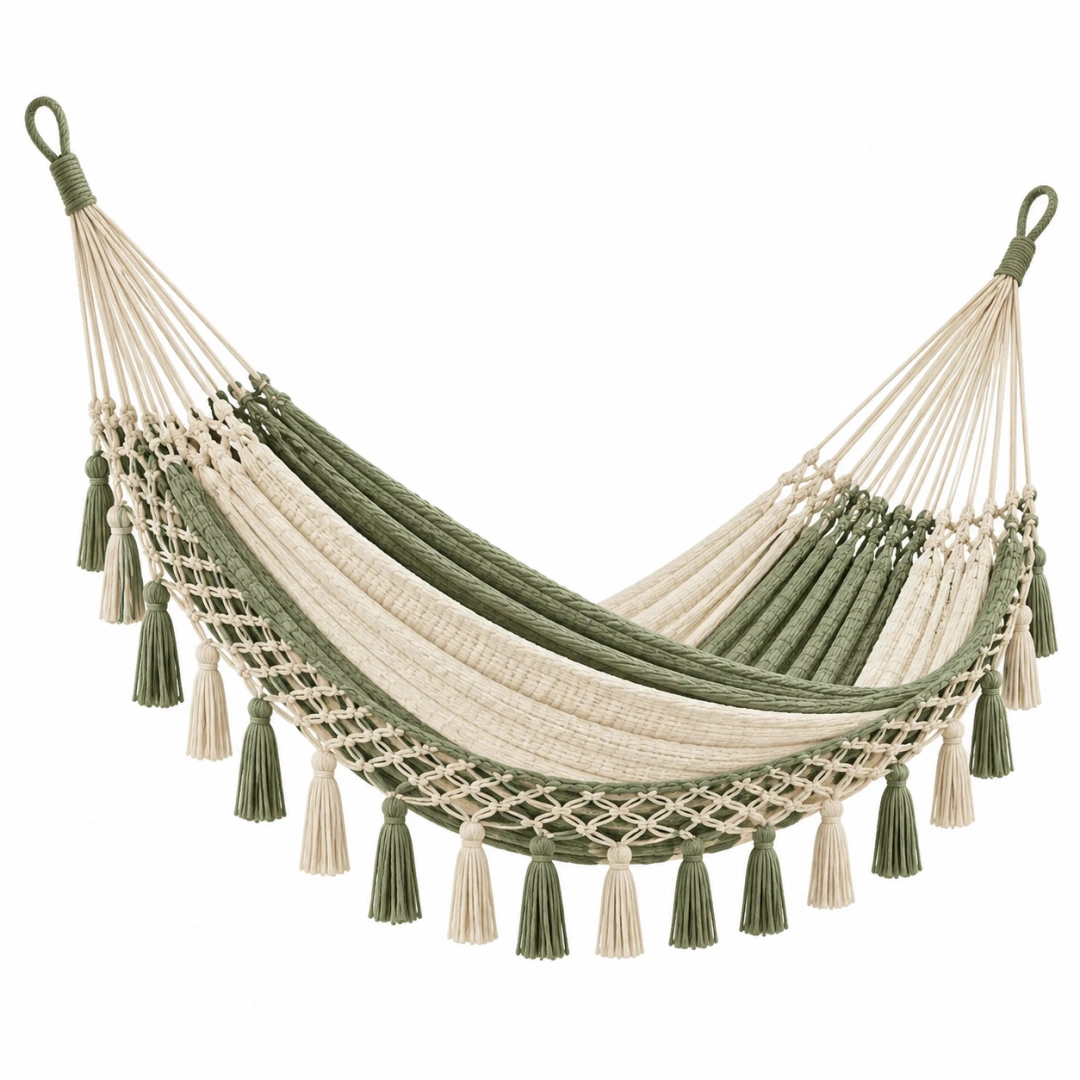 Hamaca de algodón 200 x 80 cm verde y beige con flecos para descanso
