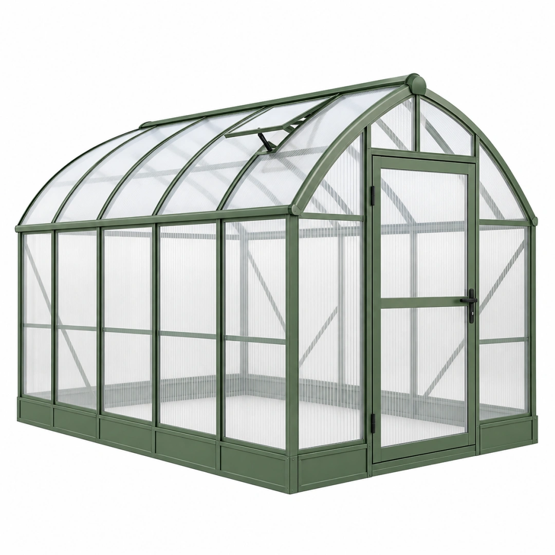 Invernadero de jardín 300 x 240 x 240 cm de aluminio y policarbonato verde con techo curvo