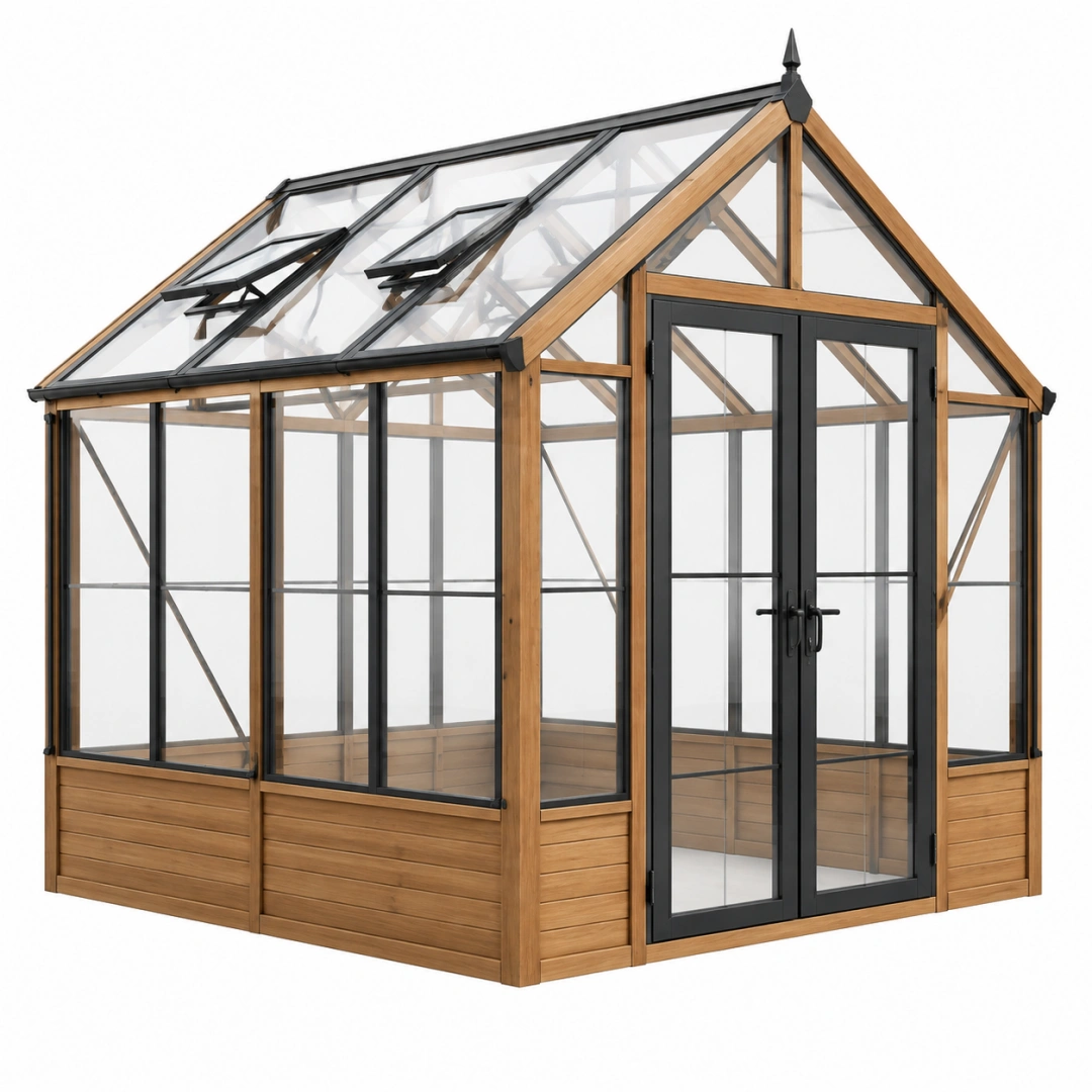 Invernadero de jardín 240 x 240 x 250 cm de madera y vidrio natural negro con ventilación