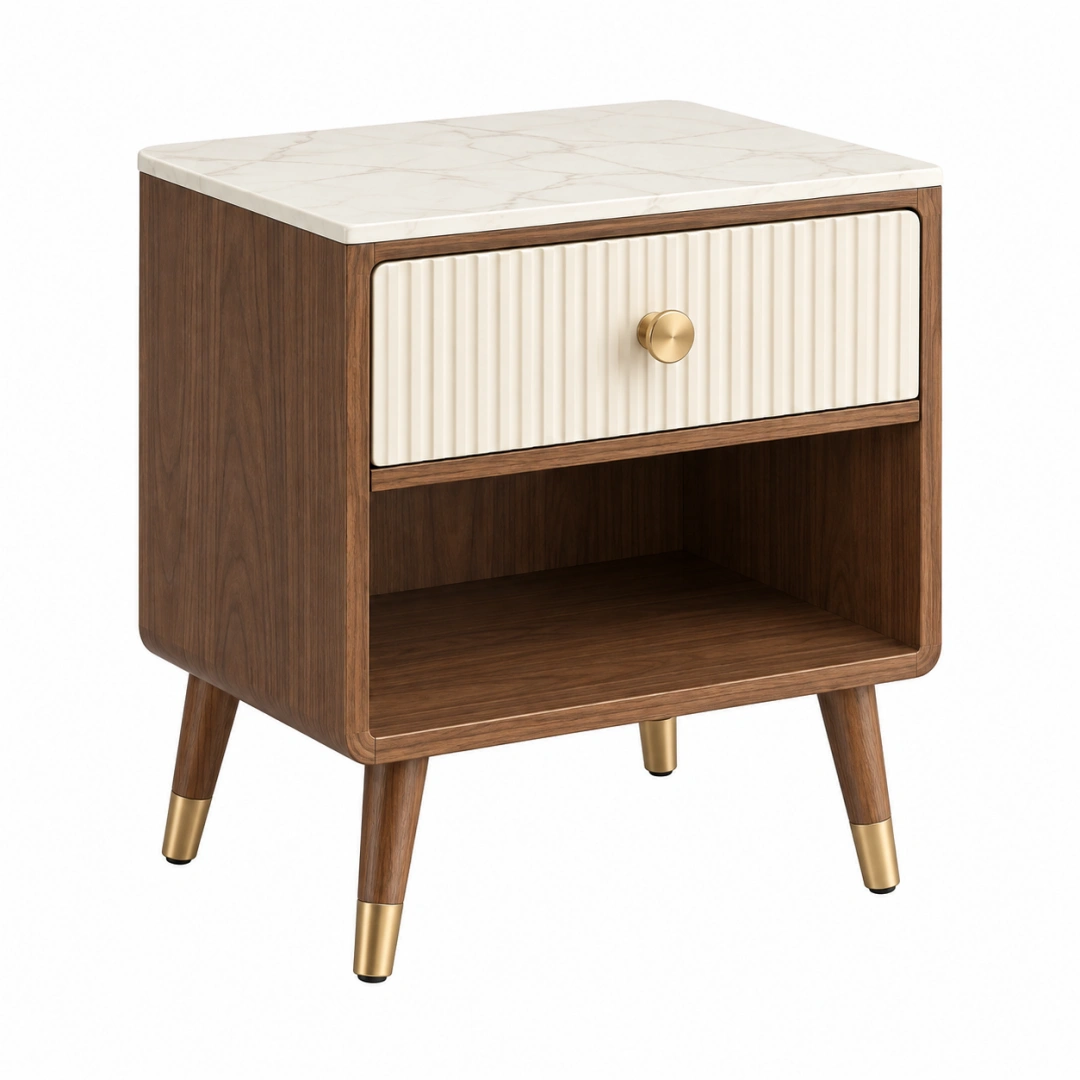 Mesita de noche 50 x 40 x 60 cm de madera marrón con superficie marmoleada y cajón