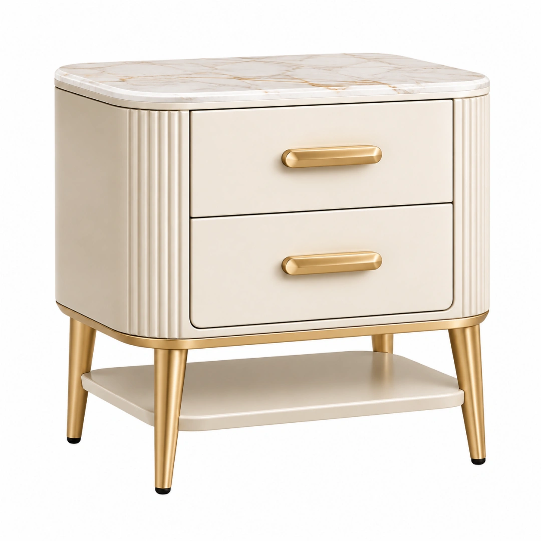 Mesita de noche 50 x 40 x 60 cm de madera y metal crema con 2 cajones estilo moderno