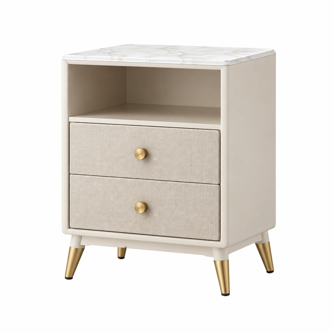 Mesita de noche 45 x 40 x 65 cm beige con superficie efecto mármol y cajones de tela - estilo moderno para dormitorio