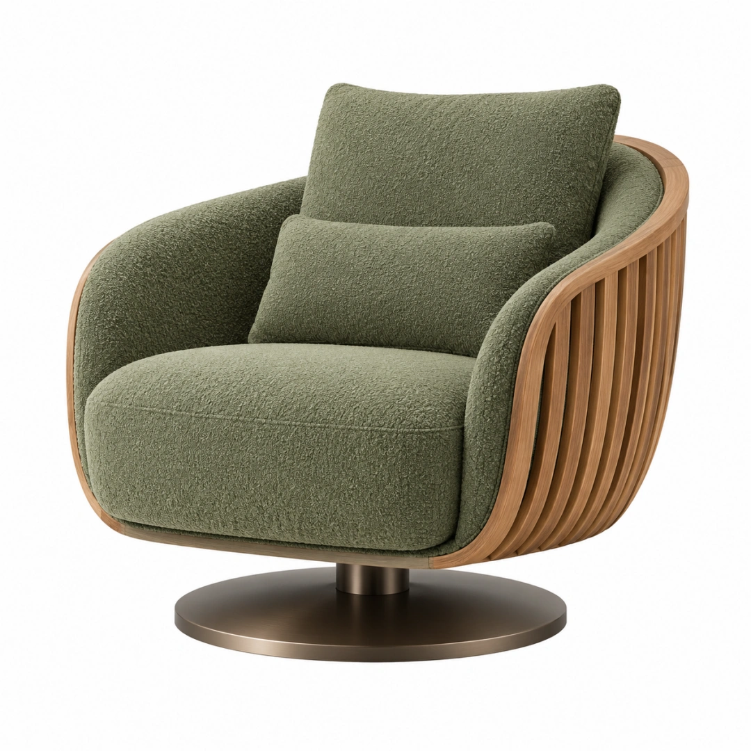 Sillón giratorio 85 x 85 x 88 cm de tapizado bouclé verde oliva con estructura de madera