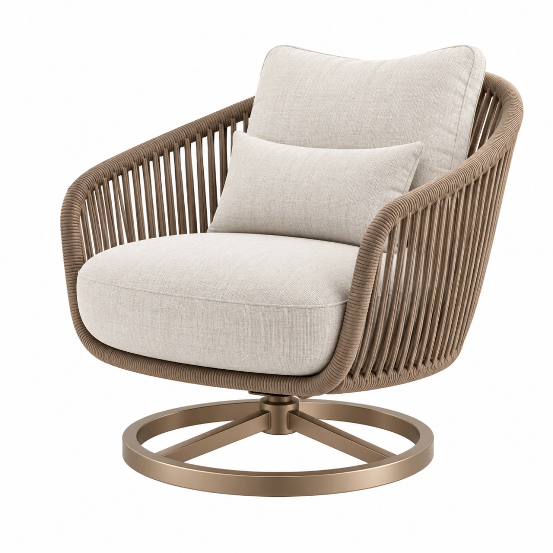 Sillón giratorio 82 x 82 x 86 cm de cuerda sintética beige y metal para terraza