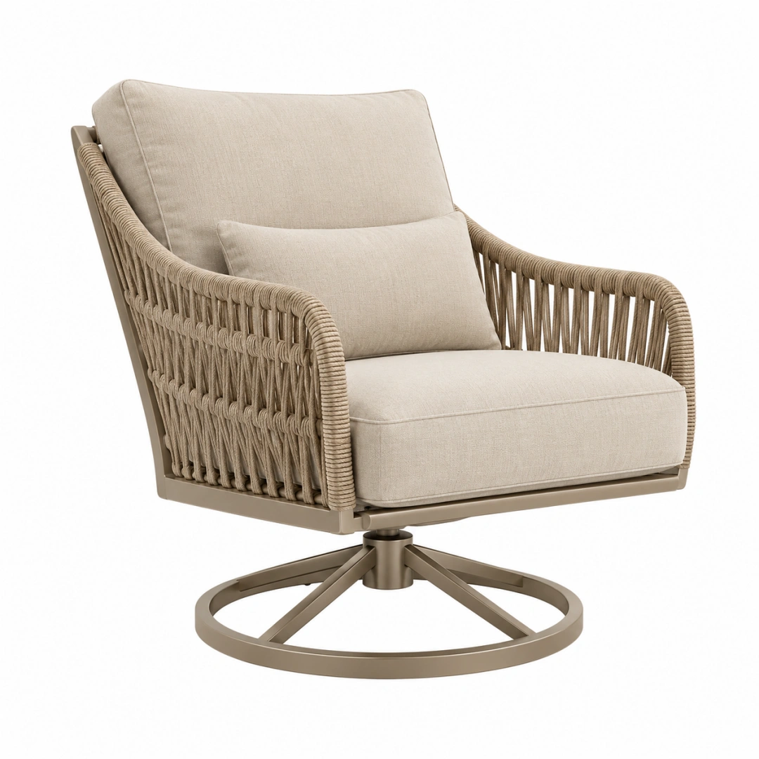 Sillón giratorio 86 x 82 x 92 cm de cuerda y metal beige para terraza estilo contemporáneo