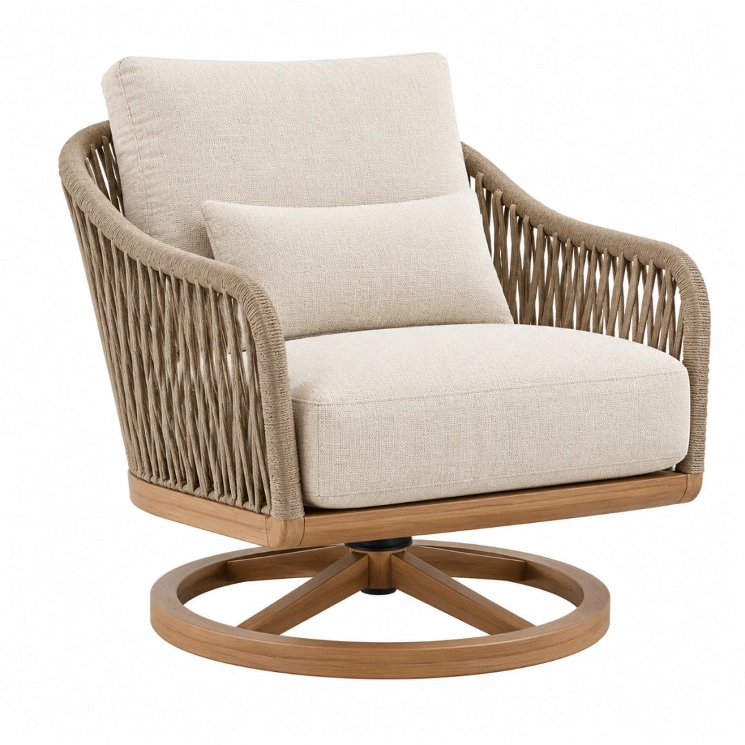 Sillón giratorio 82 x 85 x 88 cm de madera y cuerda beige estilo natural