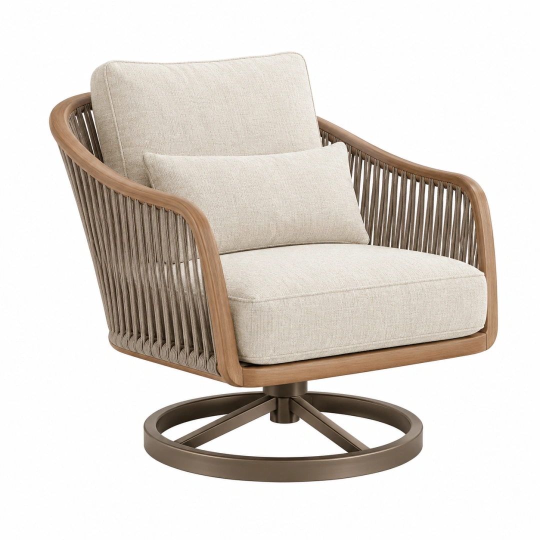 Sillón giratorio 82 x 80 x 85 cm de madera beige con cuerda trenzada para exterior