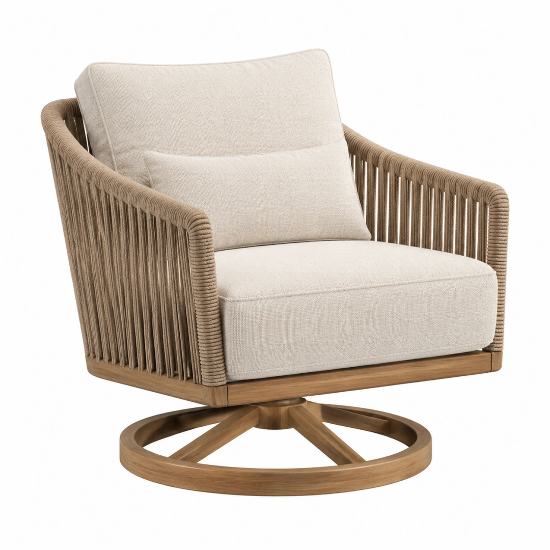 Sillón giratorio 80 x 82 x 85 cm de madera y cuerda beige para terraza