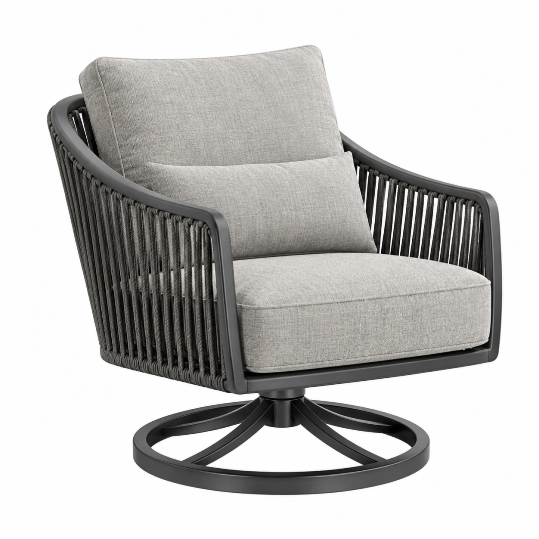 Sillón giratorio 85 x 80 x 88 cm de metal gris con cuerda trenzada para exterior
