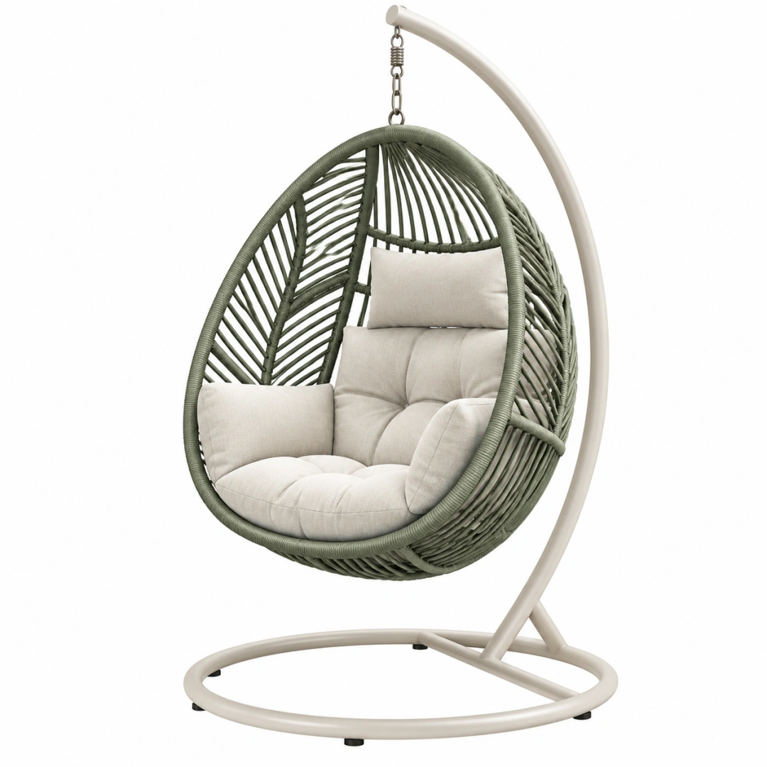 Sillón colgante 105 x 105 x 195 cm de cuerda sintética verde y acero blanco para exterior