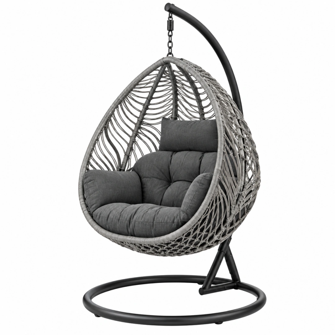 Sillón colgante 105 x 105 x 195 cm de ratán sintético gris con soporte de acero negro