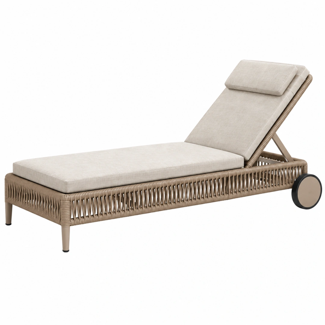Tumbona reclinable 200 cm de ratán sintético beige para exterior con ruedas