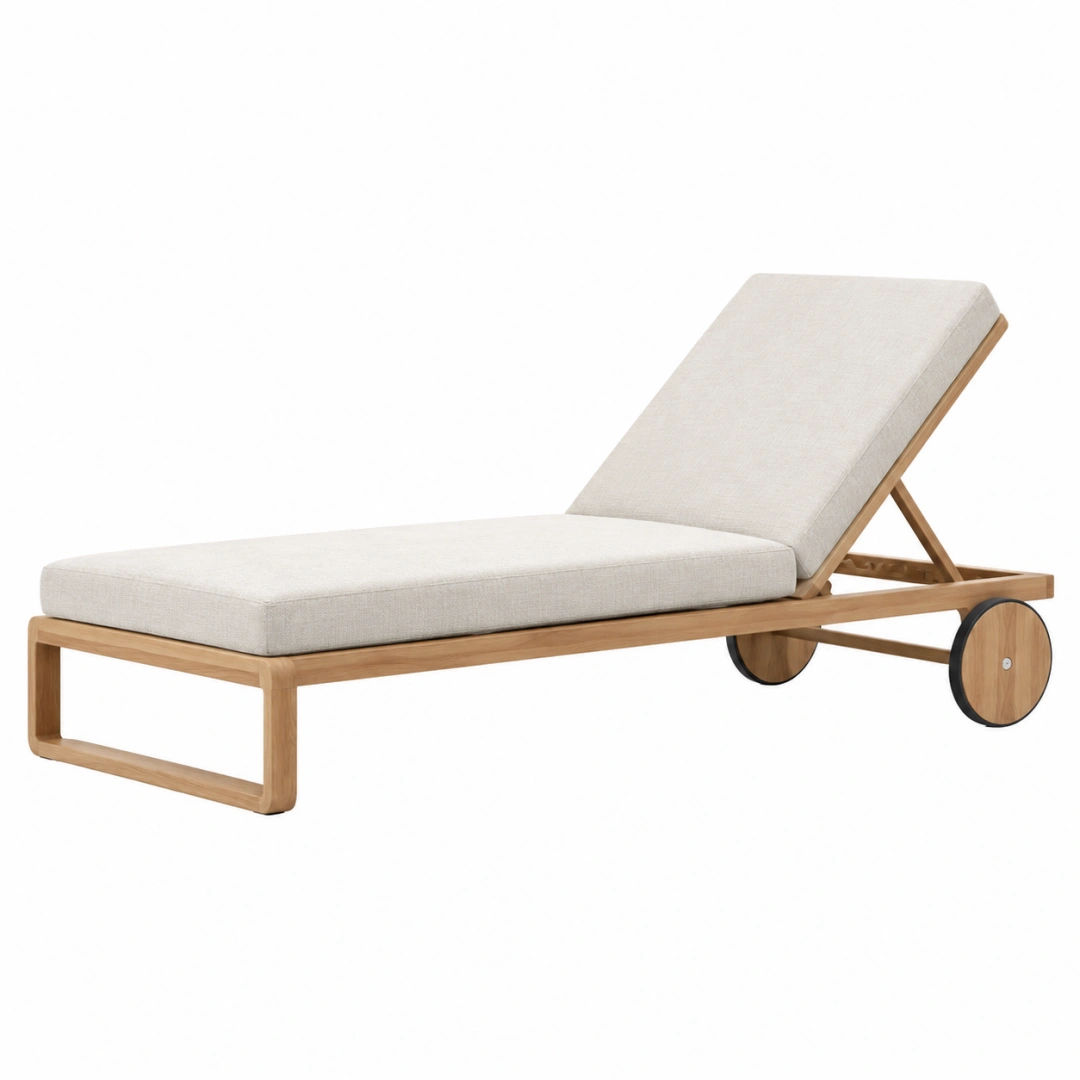 Tumbona de exterior 200 x 70 cm de madera natural y textil beige con respaldo reclinable y ruedas